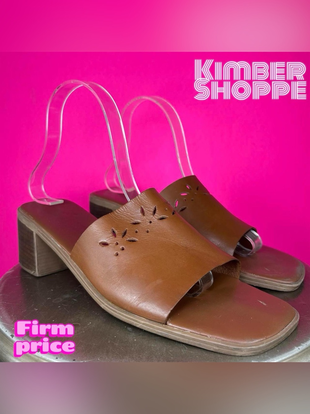 Montego Bay Club Brown Leather Wide Band Open Toe Heeled Mule Sandal US 9.5 UK 8